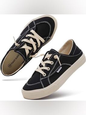 Hasibub Women’s Black Canvas Lace-Up Sneakers with Cream Sole